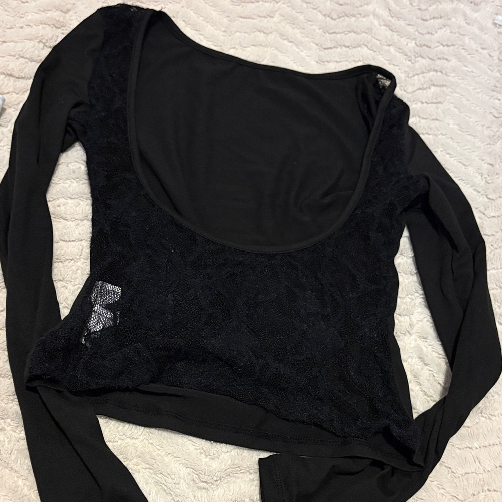 SHEIN Open Back Black Lace Long Sleeve Top